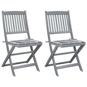 VidaXL Chaises pliables d'extérieur 2 pcs avec coussins Bois d'acacia Motif carreaux gris