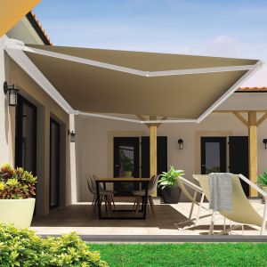 Intersun Store Banne Coffre Pyrite 4,00x3,50 M (Motoris&eacute; Secours &Agrave; T&eacute;l&eacute;commande + Led - Blanc - Taupe)