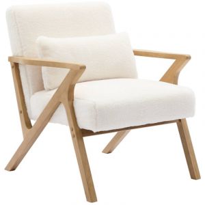 Fauteuil scandinave bois d'hévéa et tissu effet fausse fourrure blanc crème