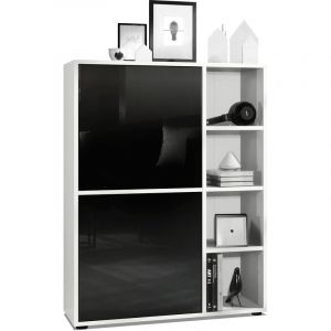 Image de Vladon Buffet haut Armoire Cabinet Commode Cuba Blanc mat - haute brillance - Portes en Noir laqué haute brillance sans éclairage LED - Portes en