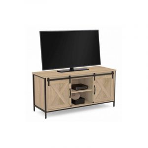 Idmarket Meuble TV 2 portes grange coulissantes QUEBEC design industriel 113 cm - Bois-clair