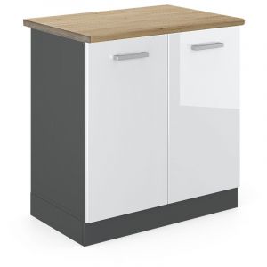 Meuble bas sous-&eacute;vier R-Line, Blanc Haute brillance, 80 cm, pt Ch&ecirc;ne Vicco