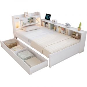 Lit simple, Tête de lit avec compartiment de rangement 2 lampes, avec port de charge, Armoire latérale et tiroirs, Blanc, 90x200 cm