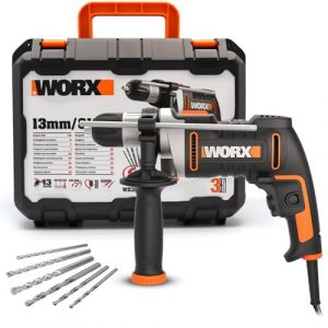 Worx Perceuse à percussion filaire 800W WX328, mandrin sans clé de 13 mm, vitesse variable, rotation avant et arrière, livrée avec 3 forets HSS, 3 forets pour le béton, 1 jauge de profondeur