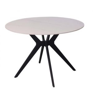 MONNA - Table &agrave; manger ronde pierre fritt&eacute;e blanc pi&egrave;tement en m&eacute;tal noir
