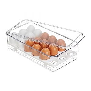 Relaxdays Rangement de frigo pour 18 œufs, Organiseur avec Couvercle, HLP : 8 x 16,5 x 31,5 cm, Transparent et Blanc