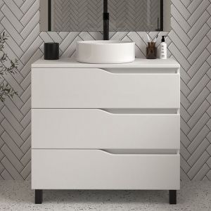 Cosyneo - Meuble de salle de bain 90cm avec plateau et vasque &agrave; poser - 3 tiroirs - sans miroir - blanc - mata