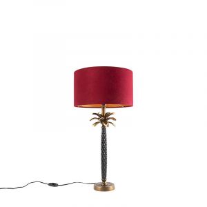 Qazqa Lampe à poser Art Déco bronze abat-jour velours rouge 35 cm - Areka