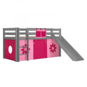 Vipack Furniture Lit mi-hauteur Astrid gris avec toboggan - tente fleurs. R&eacute;alis&eacute; en pin massif.