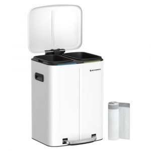 Songmics Poubelle de cuisine 2 x 20L, Poubelle à 2 compartiments, Pédale en métal, Seaux Intérieurs en plastique, Couvercles à fermeture en douceur, Blanc
