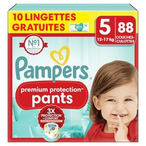 Pampers Premium Protection Pants Taille 5, 88 Couches, 12-17kg, Avec Maintien 360° et Matières Ultra-Douces Pour Notre Meilleur Confort Et Protection + 10 Lingettes Harmonie Aqua Gratuites