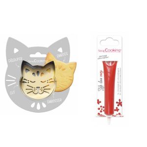 Kit pour biscuit en relief Chat + Stylo au chocolat rouge