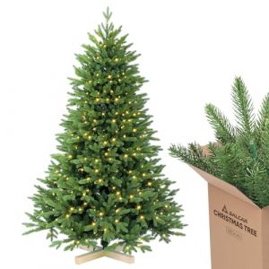 Salcar Sapin de Noël Artificiel avec Éclairage Sapin de Nordmann 180 cm avec Support en Bois Massif 450 LEDs