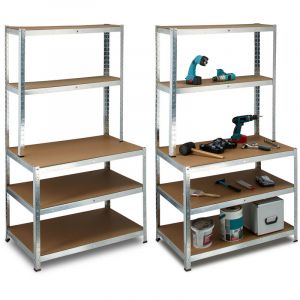 Relaxdays Etagère charge lourde, lot de 2, avec établi, jusqu'à 900 kg, 5 niveaux, métal et mdf, HxLxP : 180 x 100 x 60 cm, gris