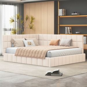 Canapé-lit adultes 160x200cm, velours, sommier à lattes, lit double, sans matelas, beige