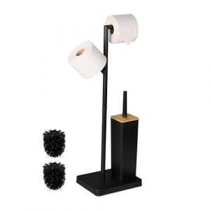 Image de Relaxdays Serviteur WC, Non Fixe, Porte-Rouleau, mélange de matériaux, H x L x P : 71 x 23 x 18 cm, Noir et Nature