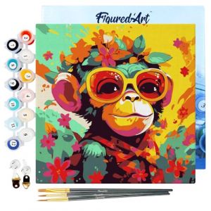 Figured'Art Mini Peinture par Numéro Adulte 20x20cm avec cadre Singe Fantaisie et Fleurs - Petit Format Kit de Loisir Créatif DIY Numéro d'Art Complet