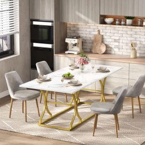 Table à manger 200x80x76cm - Design moderne aspect marbre - 8 à 10 personnes - Pieds en métal - MDF - Naturel