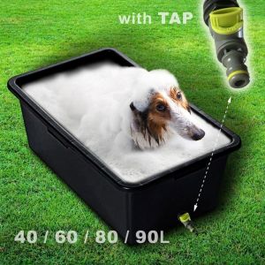 Baignoire avec valve de vidange - Bortaberg - pour chiens et chats - pataugeoire avec un robinet piscine en plastique 80L