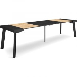 Skraut Home - Table console extensible, Console meuble, 300, Pour 14 personnes, Pieds en bois, Style moderne, Noir et ch&ecirc;ne