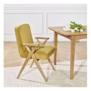 Image de X - Fauteuil de table scandinave en bois et velours jaune moutarde