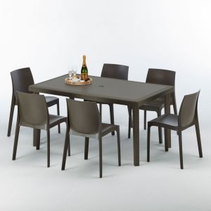 Grand Soleil Table rectangulaire 6 chaises Poly rotin resine 150x90 marron | Rome Marron Moka