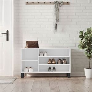 VidaXL Armoire à Chaussures, Étagère à Chaussures avec Pieds, Placard à Chaussures avec 5 Compartiments, Industriel, Blanc Brillant Bois ingénierie