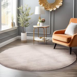 Homebyhome Tapis salon 120 cm Rond Beige Uni moderne et moelleux à poil court, avec sous-couche antidérapante, lavable