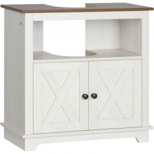 Kleankin - Meuble sous vasque style rural chic - 2 portes, niche - poign&eacute;es boutons m&eacute;tal noir - aspect bois blanc noyer