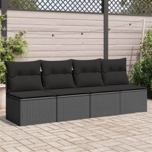 VidaXL Canapé de jardin avec coussins 4 places noir résine tressée