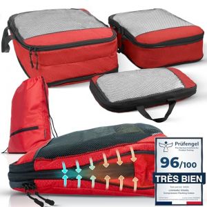 Cubes d'emballage avec compression pour la valise et le sac à dos, sac de transport inclus, rouge
