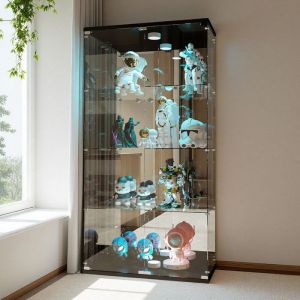 Vitrine en Verre Tremp&eacute; 5mm, Meuble Vitrine 4 &Eacute;tag&egrave;res avec &Eacute;clairage LED, Installation Facile, pour Salon Bureau, Noire,164x80x36cm