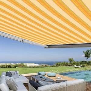 Store banne coffre intégral 4,5 x 3,5 m motorisé et manuel extérieur pour terrasse - Jaune rayé