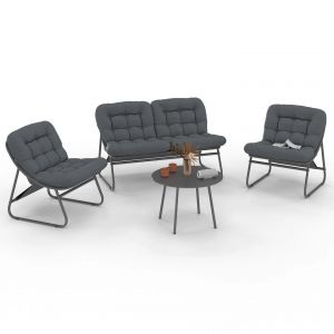 Idmarket Salon de jardin ARONA bas 4 places en m&eacute;tal gris anthracite et coussins gris avec canap&eacute;, fauteuils et table