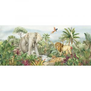 AG ART Poster g&eacute;ant horizontal animaux de la jungle en couleur - lion, perroquet, &eacute;l&eacute;phant 170 x 75 CM