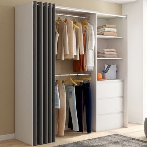 Idmarket Dressing extensible MARTY 120/170 x 50 x 180 cm blanc avec 3 tiroirs + &eacute;tag&egrave;res + double penderie + rideau gris