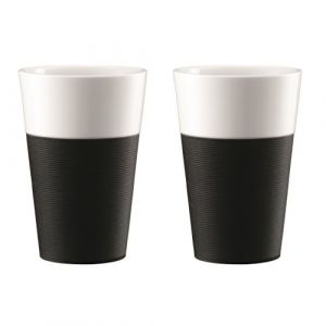 Image de Bodum Set de 2 mugs en porcelaine avec bande silicone Bistro 0,6 L noir et blanc - Matière : porcelaine - Dimensions : 10,9x20,8x17 cm - Capacité : 0,6 L - Coloris : noir et blanc