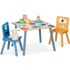 Relaxdays Set Table & 2 chaises Enfants, Table Enfant avec 2 chaises, garçon & Fille, MDF & Bois, Coin Salon Multicolore