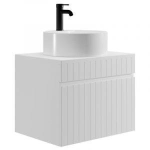 Meuble de salle de bain suspendu strié blanc avec vasque ronde à poser - 60 cm - SATARA