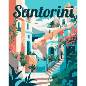 Figured'Art Peinture par Numéro Adulte Affiche de voyage Santorin en fleurs - Activité Manuelle Kit de Loisir Créatif DIY Numéro d'Art Complet - 40x50cm sans châssis en bois