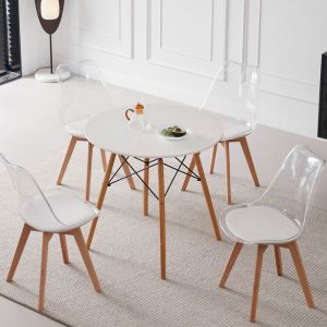 Lot de table et chaises de salle à manger - table Ronde 80 cm (blanc) - chaises acryliques transparentes (lot de 4) - Wokaka