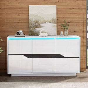 Buffet brillant 140 x 40 x 76 cm - 3 portes - avec &eacute;clairage LED - avec &eacute;tag&egrave;res r&eacute;glables - panneaux de particules - blanc + noir