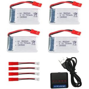 Ensemble de 4 Batteries LiPo Rechargeables 3.7V 750mAh pour Drones Quadricopt&egrave;res MJX X300C X400 X800 Inclut Chargeur, Protection Int&eacute;gr&eacute;e 45x24x8 mm - 16 GR Argent&eacute;
