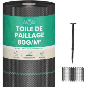 SkyLantern Lot Toile de Paillage 50M 80g/m² + 100 Sardines de Fixation en Plastique