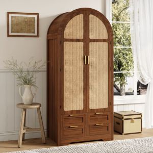 Armoire en rotin 80x50x179 cm - 2 portes cintr&eacute;es en rotin - 4 tiroirs - Tringle &agrave; v&ecirc;tements - MDF - Marron