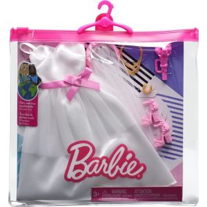 Mattel Fashion Pack - HJT37 - Ensemble Tenue de vêtements de Mariage pour poupée - Robe de mariée + Voile, des Bijoux en Or et Bouquet de Fleurs