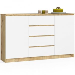Grande Commode pour le salon Akord K160 Chêne Artisan 160 cm 2 portes 4 tiroirs façade Blanche 4 étagères 160x40x99 cm