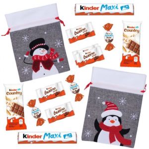 2 Pochons de Noël garnis de 40 chocolats Kinder Schokobons, Mini Bueno, Country et Maxi