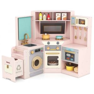 Cuisine Enfants d'Angle COSTWAY Interactive en Bois, 3 Ans+ avec Lumières et Sons, Poubelle Coulissante -12 Accessoires Rose