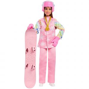Mattel Poup&eacute;e snowboardeuse v&ecirc;tue d&rsquo;une veste de ski rose, un pantalon et des bottes avec plus de 10 accessoires dont un snowboard qui change de couleur, JKF78